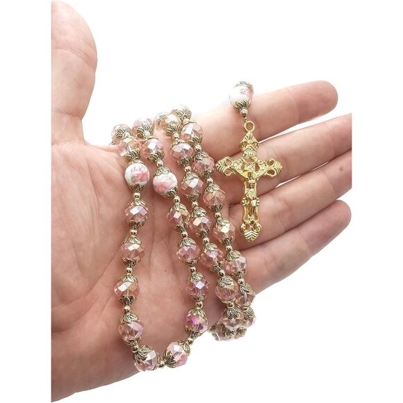 Catholic Pink Crystal Beads Gold Rosary Necklace with Heart Locket & Cross - Picture 3 of 7